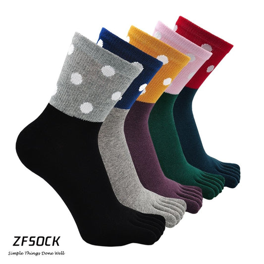 ZFSOCK Polka Dots Design 5 Finger Crew Socks for Women, 5 Pairs