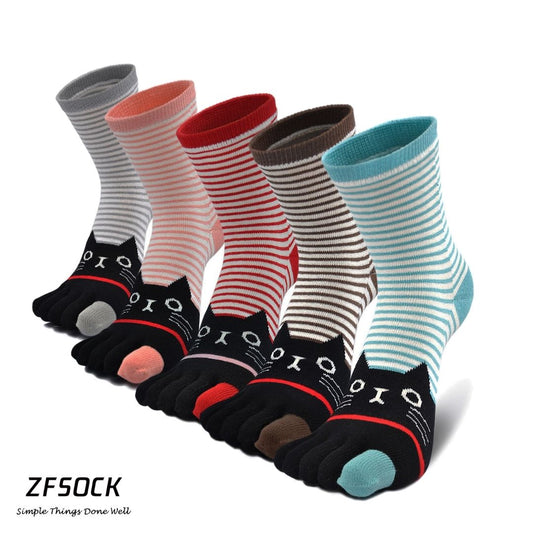 ZFSOCK 5 Finger Cute Stripes Cat Design Crew Socks for Women, 5 Pairs