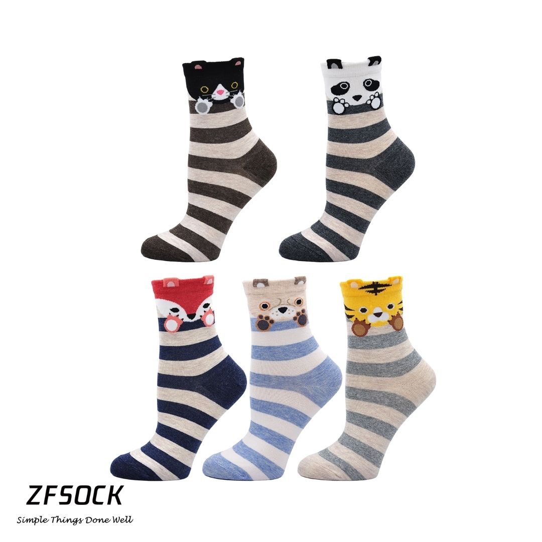 ZFSOCK Cute Stripes Animal Design Socks for Women, 5 Pairs