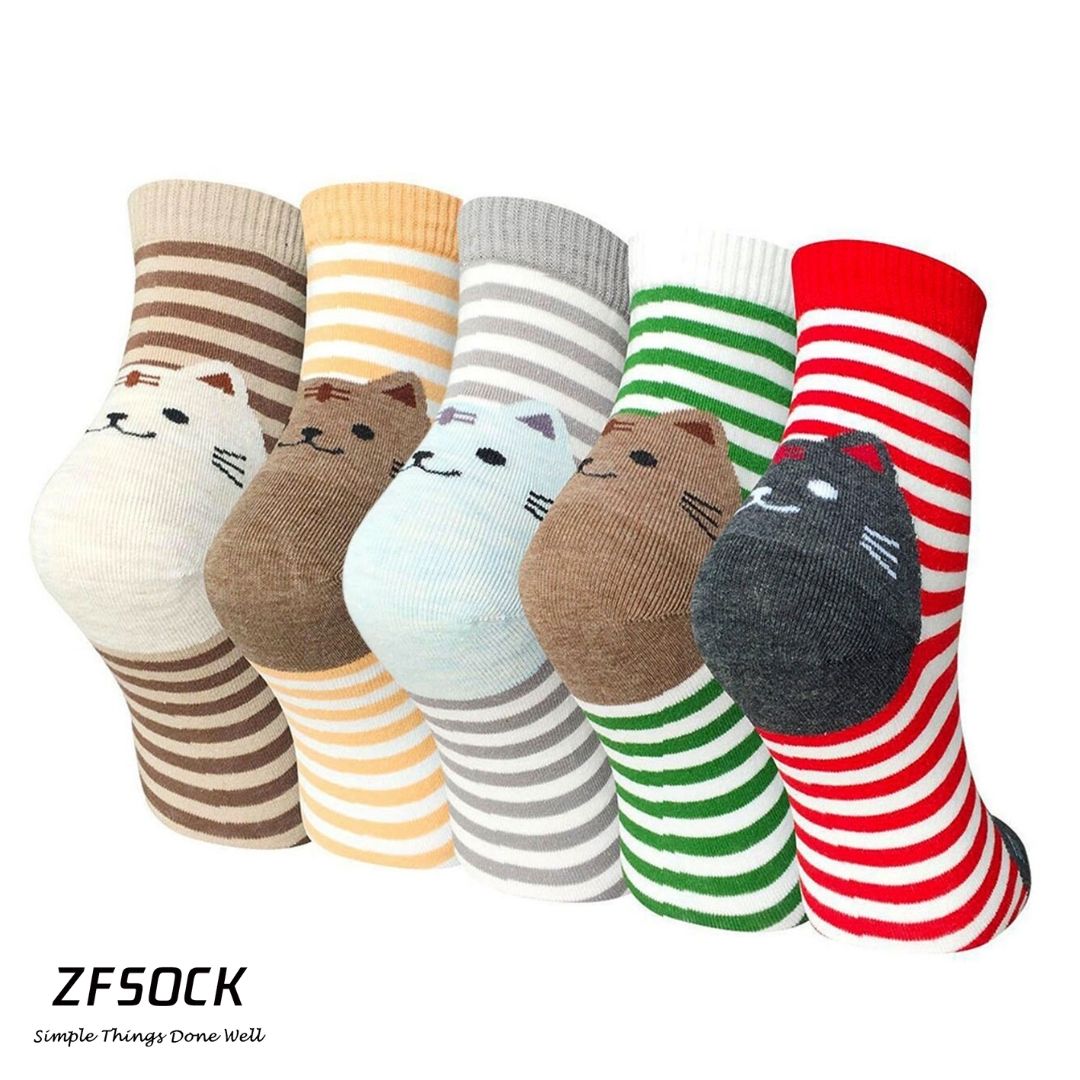 ZFSOCK Cute Stripes Cat Design 5 Finger Crew Socks for Women, 5 Pairs