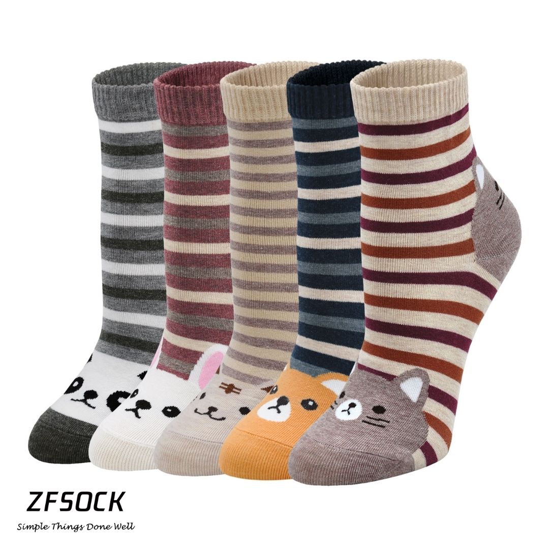 ZFSOCK Cute Animal Stripes Design Crew Socks for Women, 5 Pairs