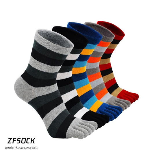 ZFSOCK Colorful Vibrant Striped Crew 5 Finger Socks for Men, 5 Pairs