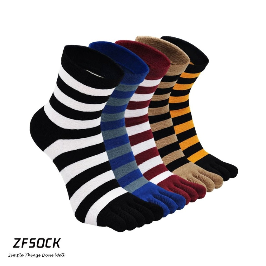 ZFSOCK Mixed Colors Striped Crew length 5 Finger Socks for Men, 5 Pairs