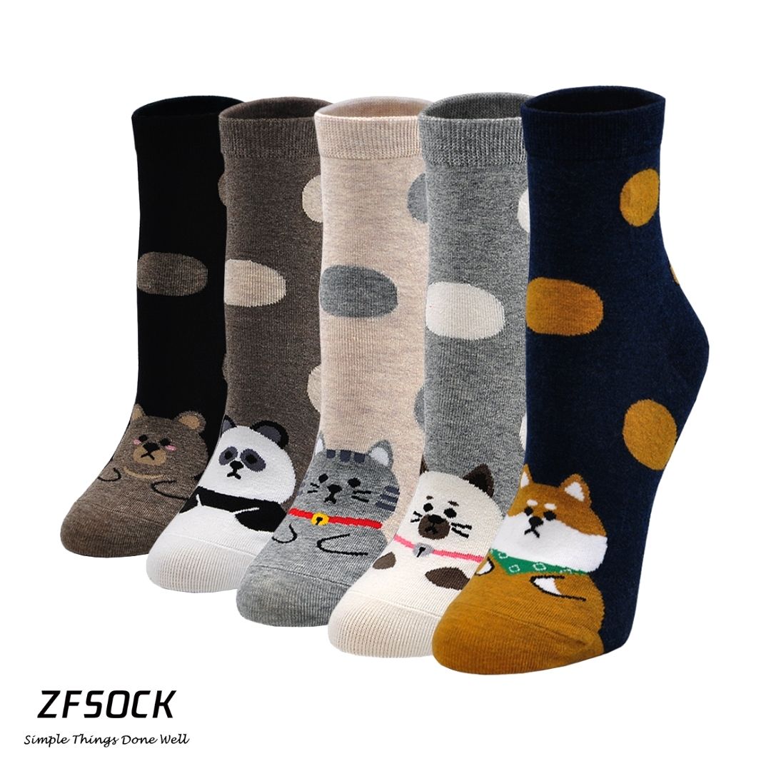 ZFSOCK Cute Polka Dots Animal Design Socks for Women, 5 Pairs