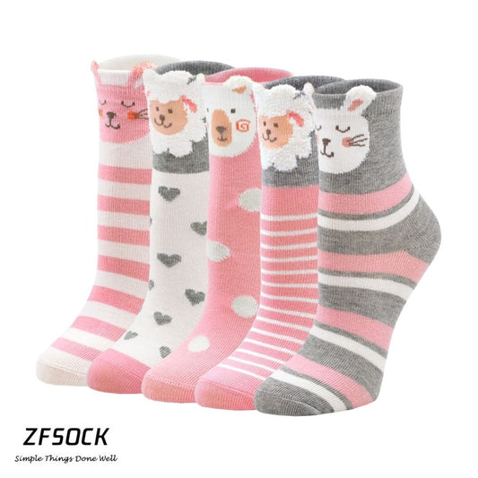 ZFSOCK Cute Animal Design Pink Socks for Girls, 5 Pairs