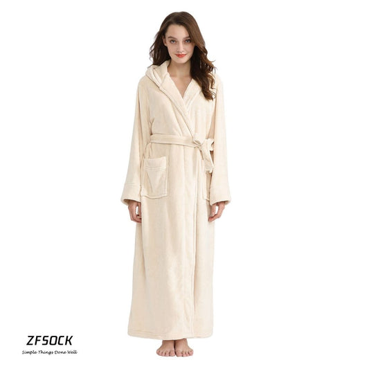 ZFSOCK Long Sleeves Ankle Length Fluffy Flannel Dressing Gown Bathrobe with Hood Sleep Wear Winter Wedding Robe