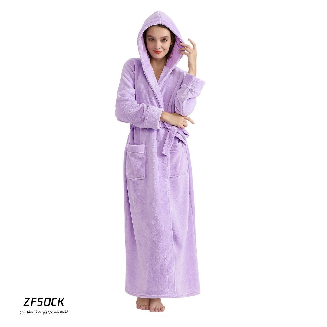 ZFSOCK Long Sleeves Ankle Length Fluffy Flannel Dressing Gown Bathrobe with Hood Sleep Wear Winter Wedding Robe