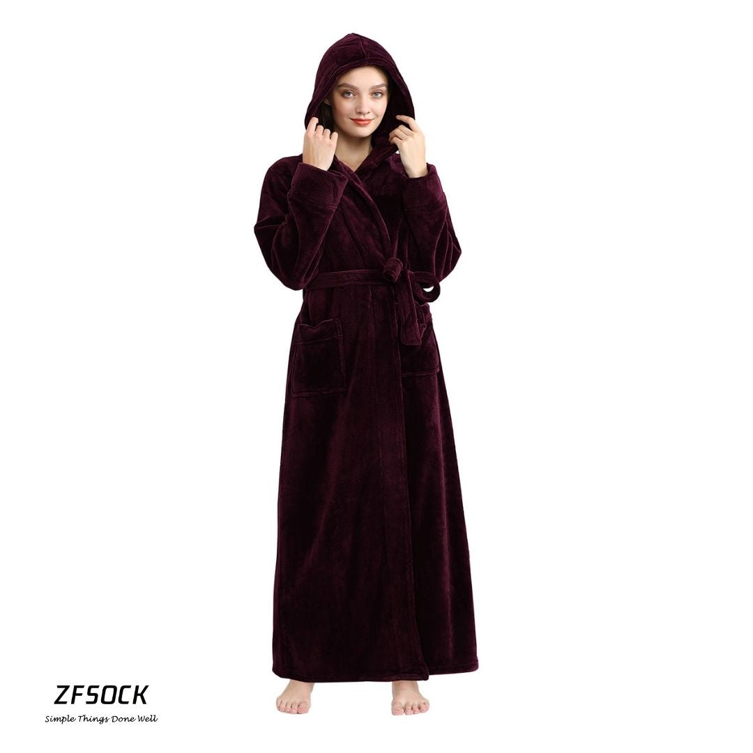 ZFSOCK Long Sleeves Ankle Length Fluffy Flannel Dressing Gown Bathrobe with Hood Sleep Wear Winter Wedding Robe