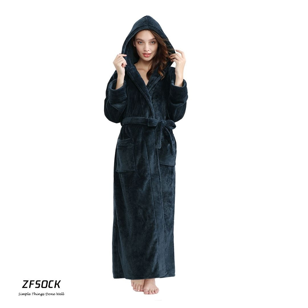 ZFSOCK Long Sleeves Ankle Length Fluffy Flannel Dressing Gown Bathrobe with Hood Sleep Wear Winter Wedding Robe