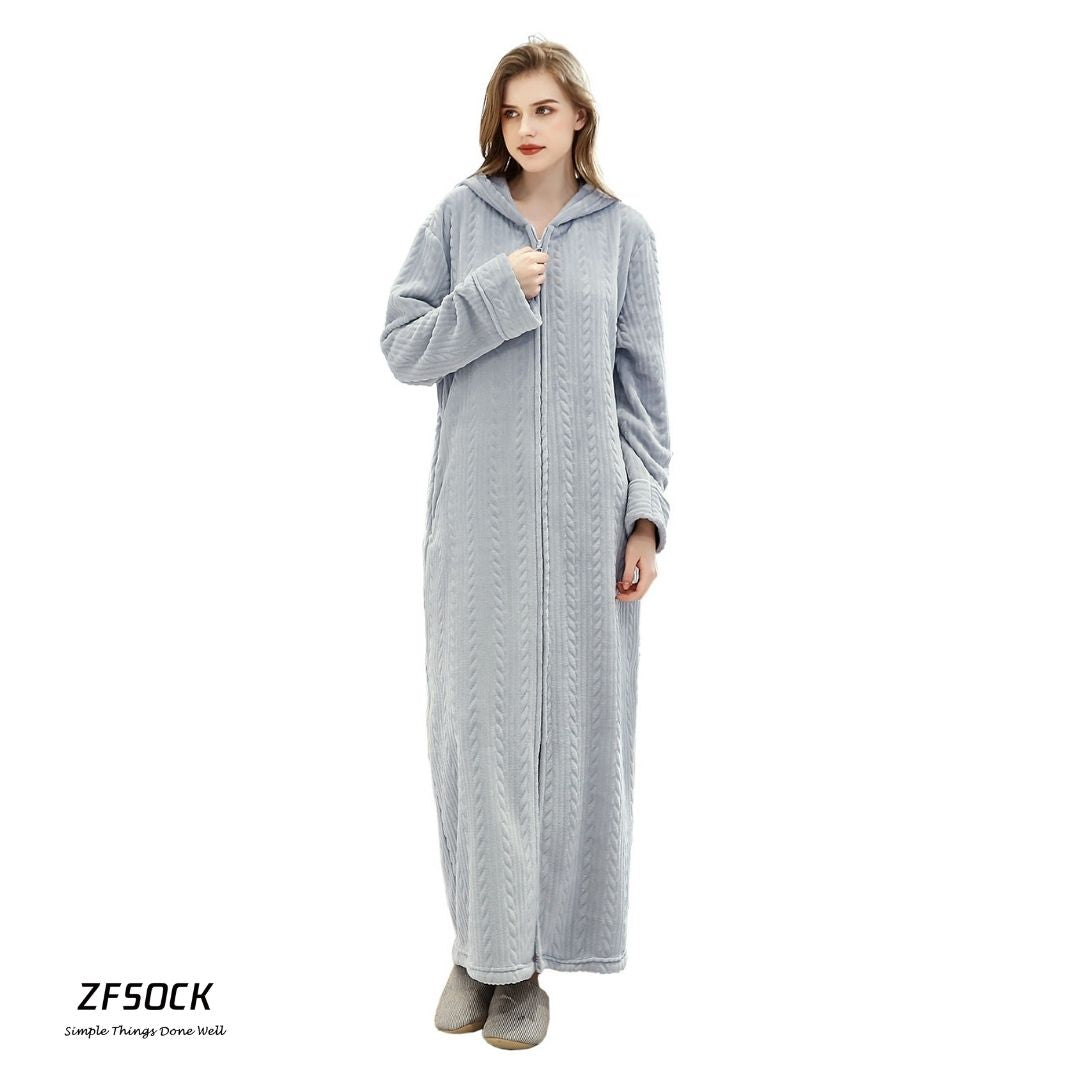 ZFSOCK Hooded Flannel Zip Up Dressing Gown Bathrobe For Men and Women