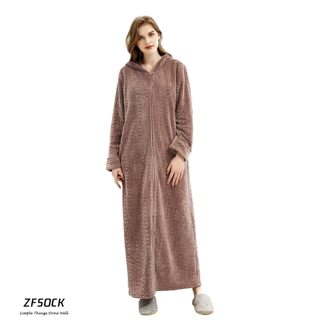 ZFSOCK Hooded Flannel Zip Up Dressing Gown Bathrobe For Men and Women