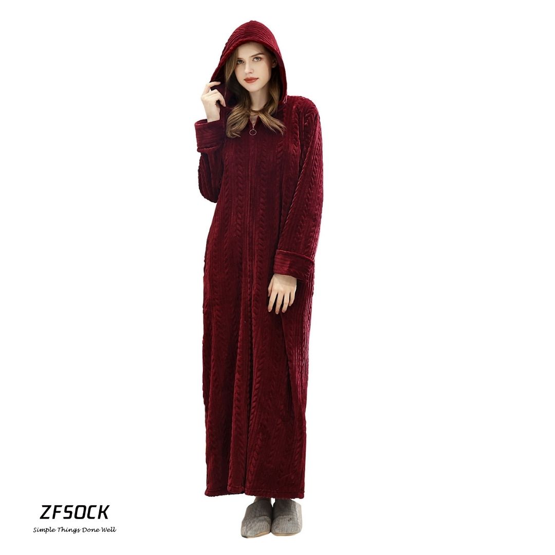 ZFSOCK Hooded Flannel Zip Up Dressing Gown Bathrobe For Men and Women