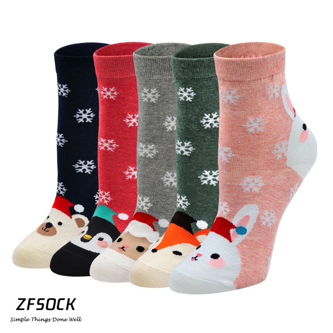 ZFSOCK 5 Pairs of Cute Animal Design Christmas Crew Socks for Women