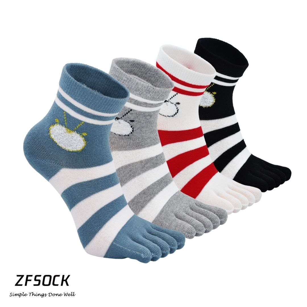 ZFSOCK Cute 5 Finger Stripes Crew Socks for Women, 4 Pairs