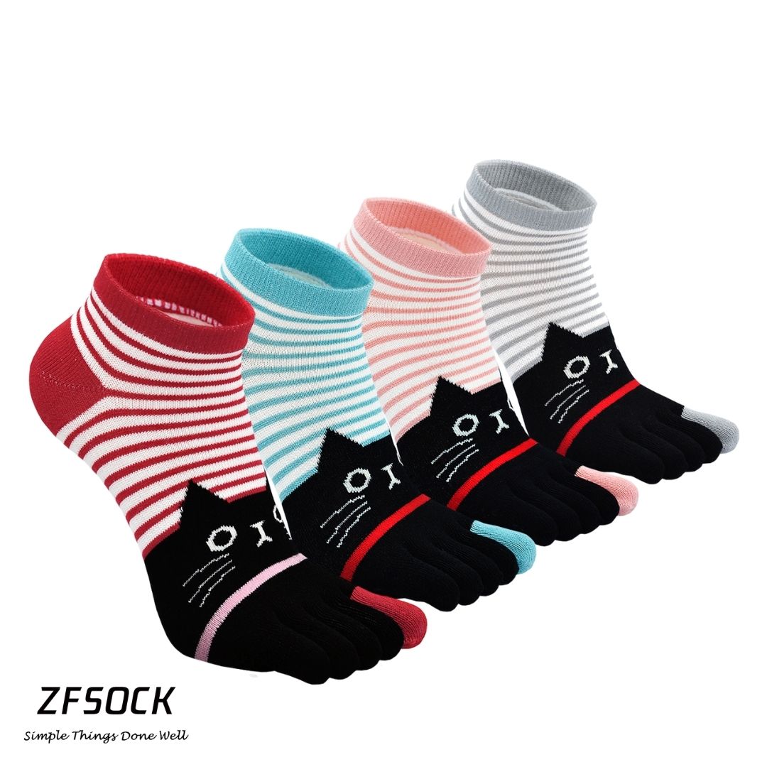 ZFSOCK Finger Cute Stripes Cat Design Toe Socks for Women, 4 Pairs