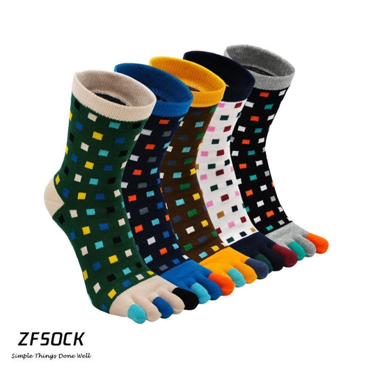 ZFSOCK Vibrant Colors  5 Finger Crew Socks with Square patterns for Men, 5 Pairs